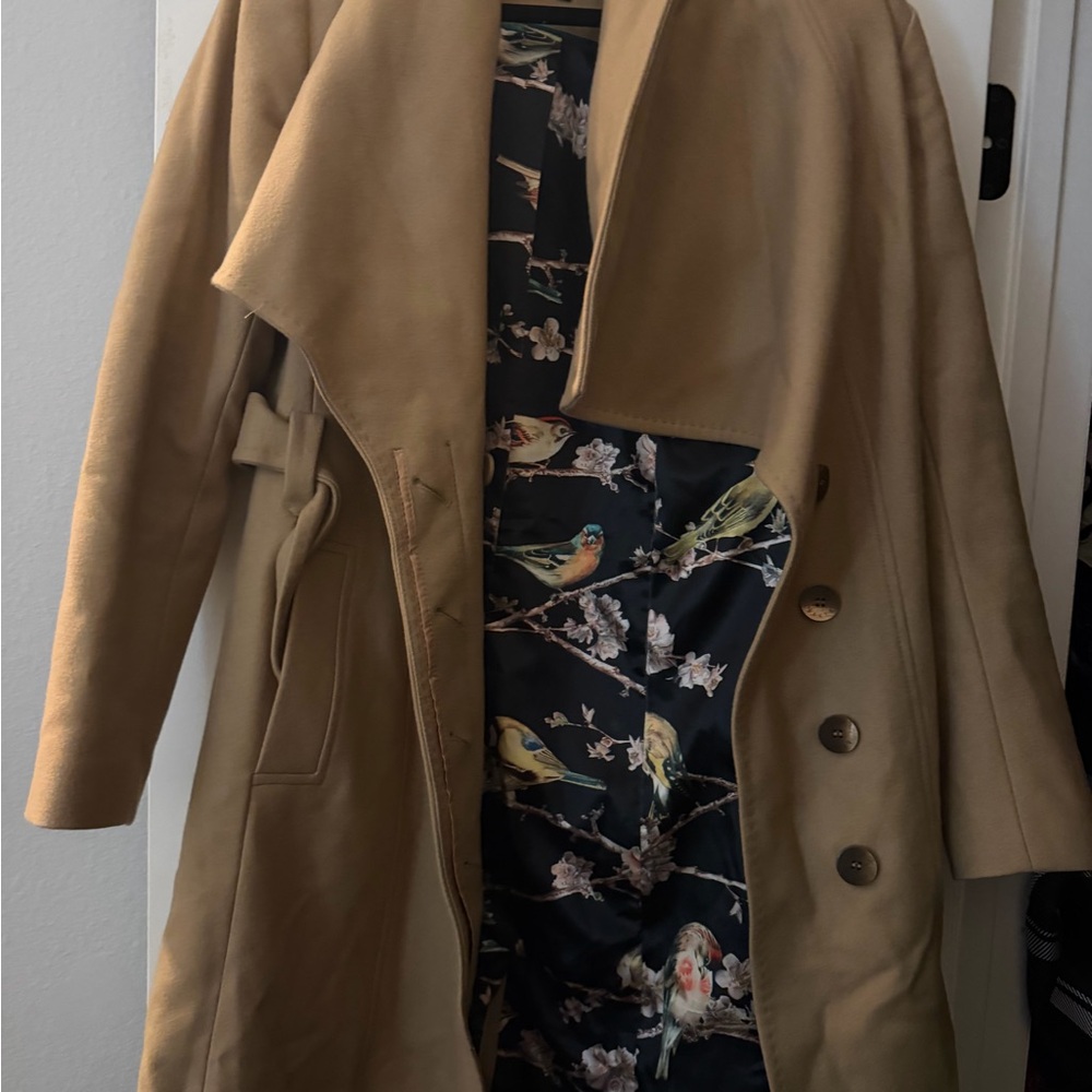 Ted Baker Tan Women's Coat with Bird Print Lining size 3 - Picture 4 of 4